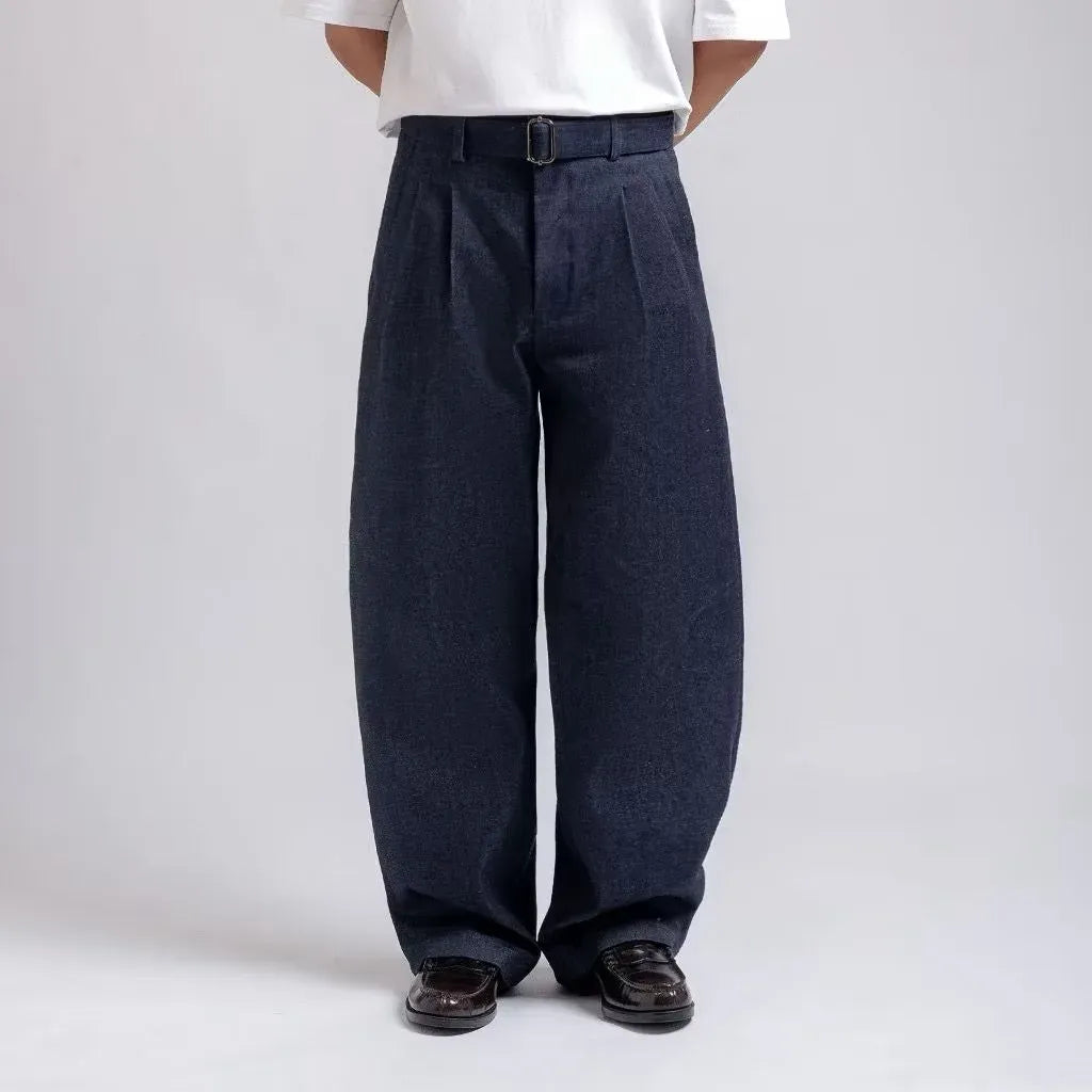 Navy Blue Denim Elite Belted Baggy Tailored Trouser by Emporeo