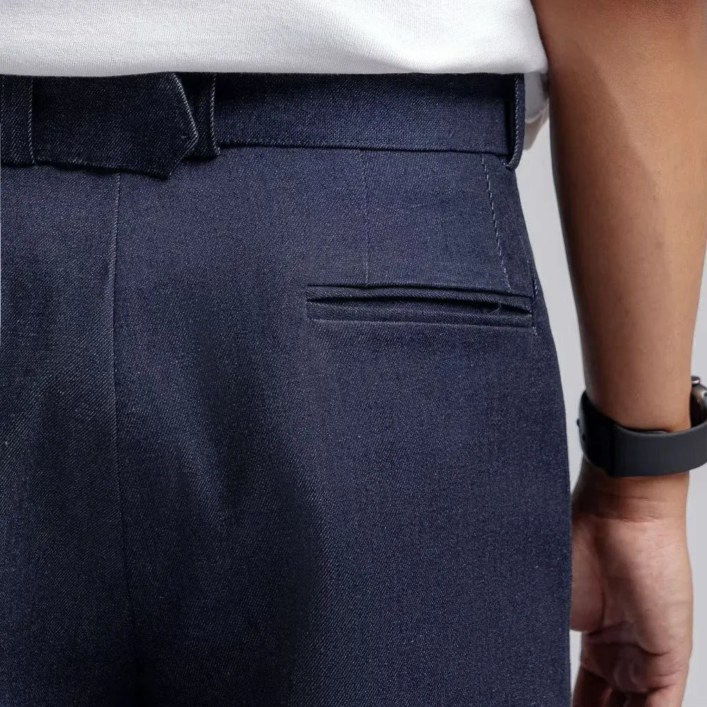 Navy Blue Denim Elite Belted Baggy Tailored Trouser by Emporeo