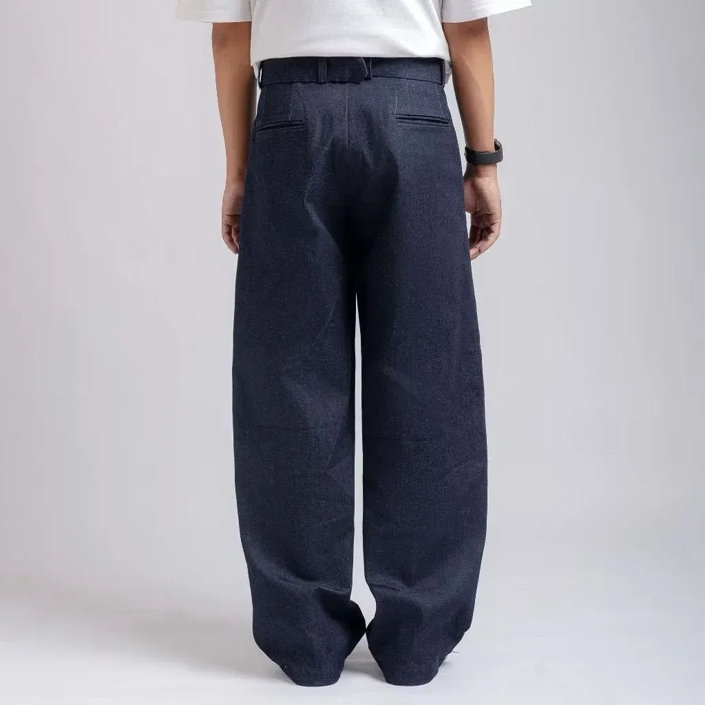 Navy Blue Denim Elite Belted Baggy Tailored Trouser by Emporeo