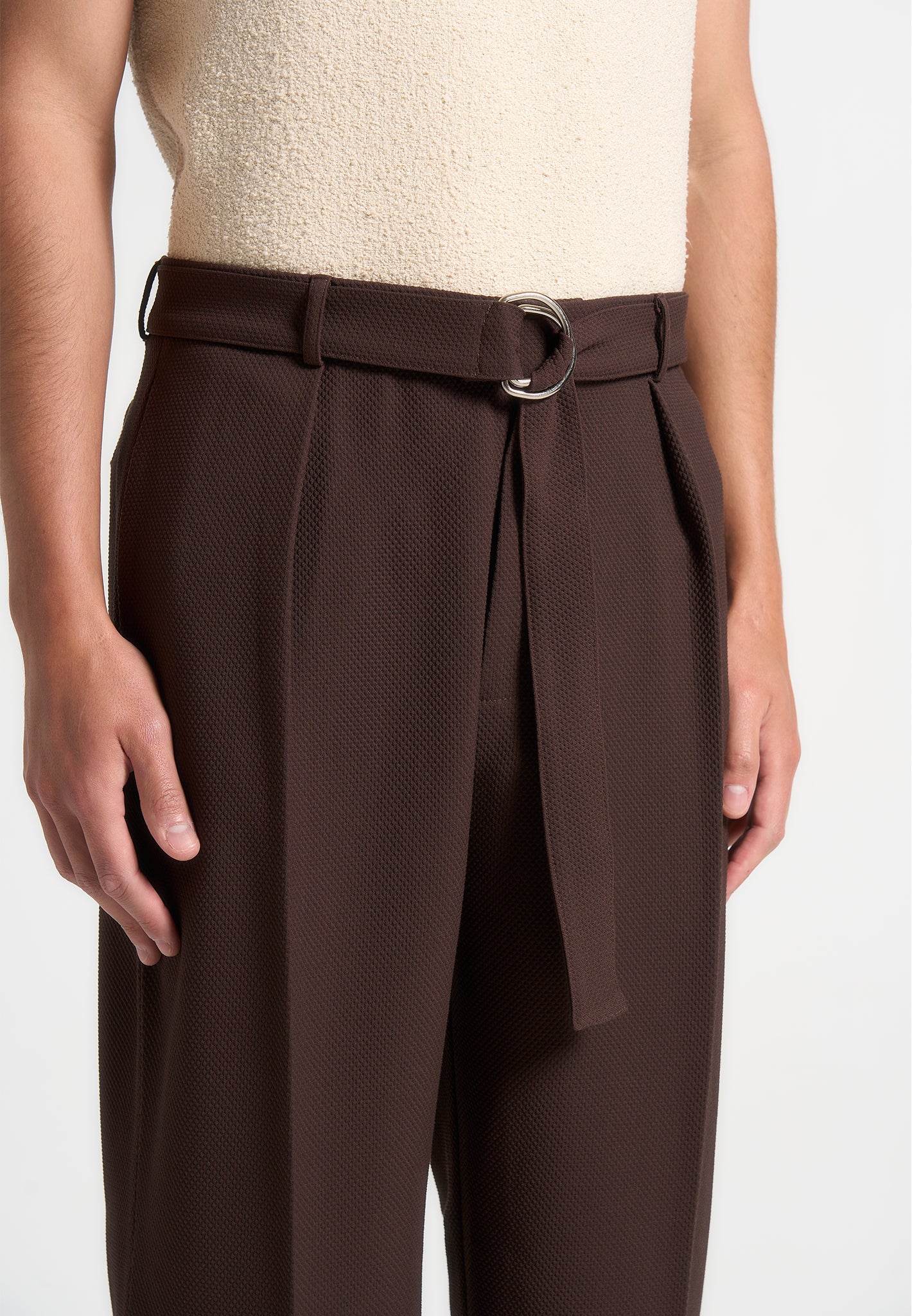 Brown Relaxed Fit Belted Tailored Trousers By Emporeo