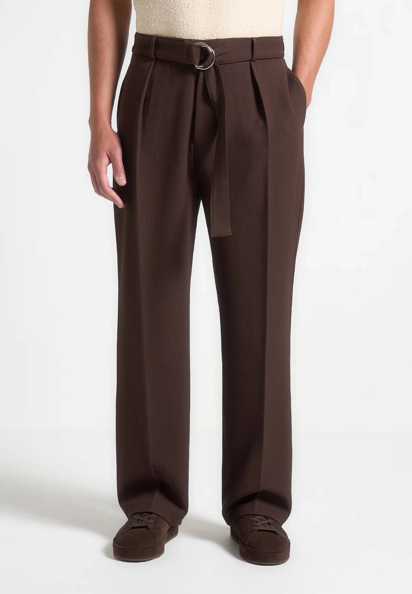 Brown Relaxed Fit Belted Tailored Trousers By Emporeo