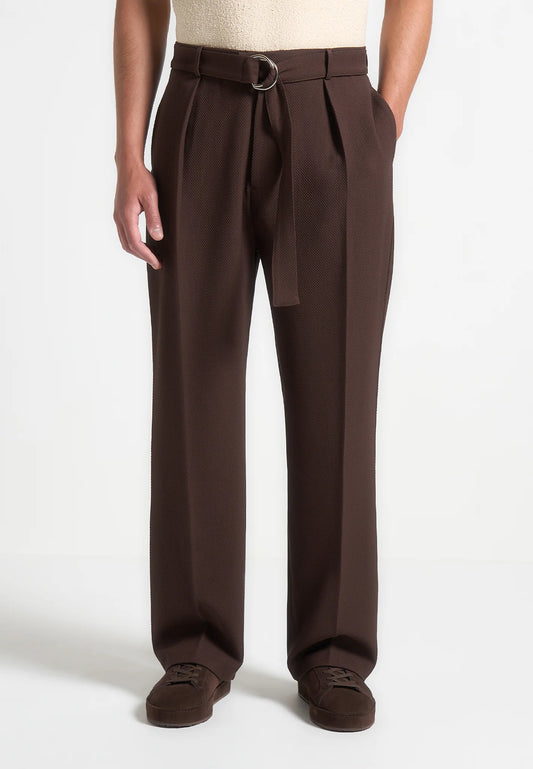 Brown Relaxed Fit Belted Tailored Trousers By Emporeo